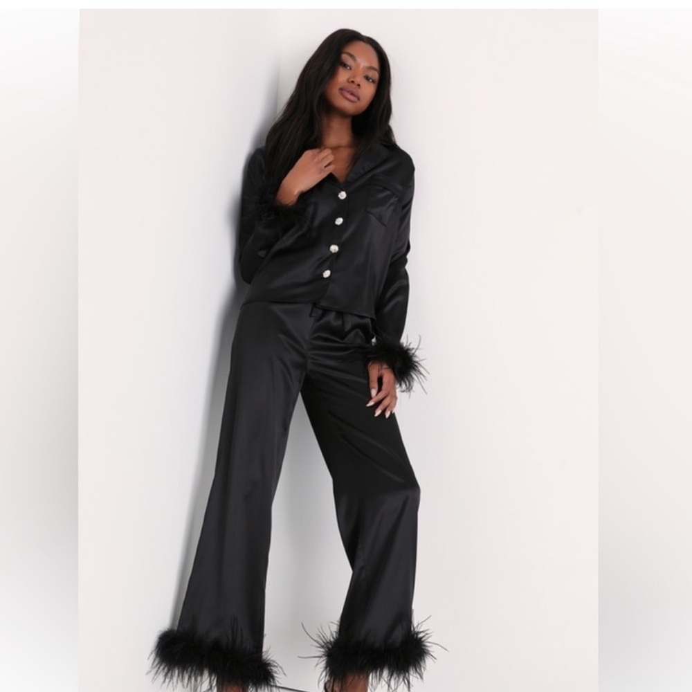 NWT Lulu's Black Satin Wide Leg Jumpsuit / Pajamas Feather
